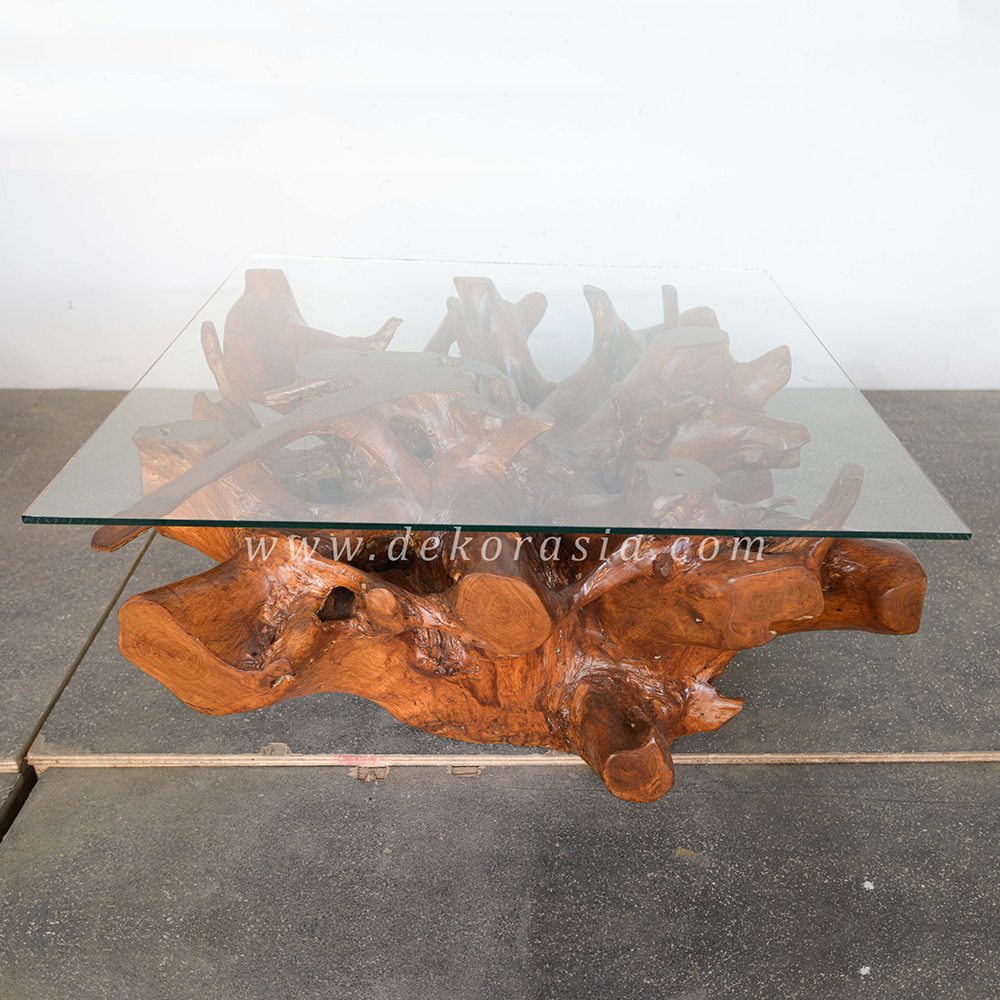 Teak Root Coffee Table with Glass, Teak Root Table Living Room Furniture, Wooden Coffee Tables - Image 2