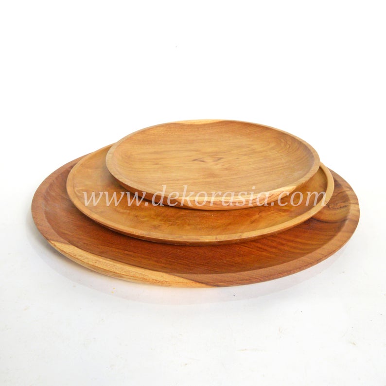 Teak Wood Round Plate Diameter 9.8 to 13.8 inches, Dinnerware Set Dishes & Plates - Image 2