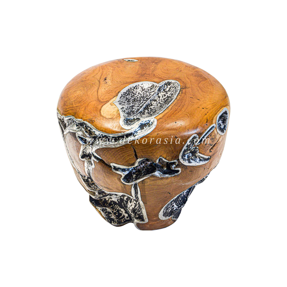 Wood and Aluminium Round Stool - Wooden Stools for Home Furniture - Image 1